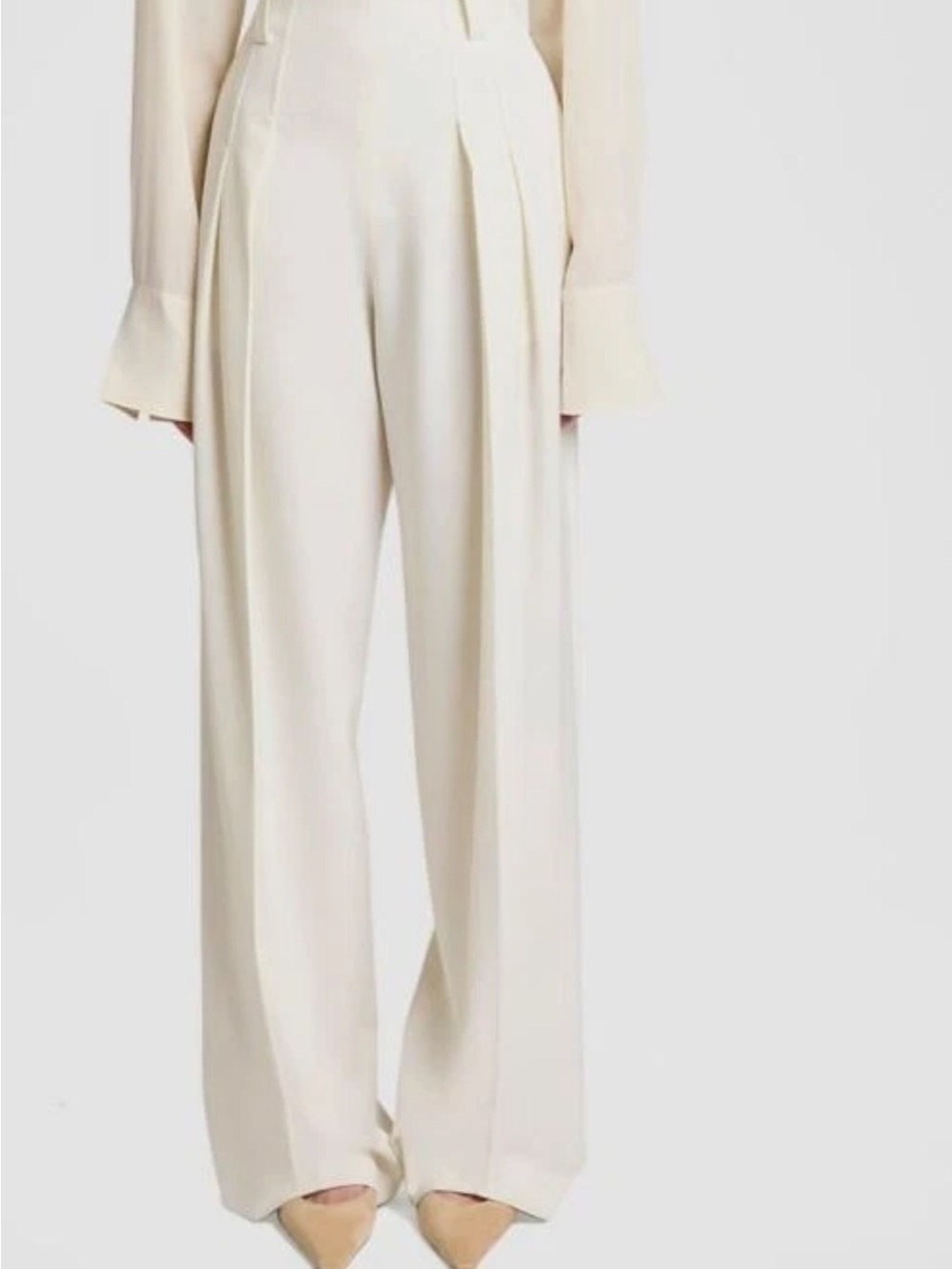 Victoria Beckham Cream Wide-Leg Pleated Trousers